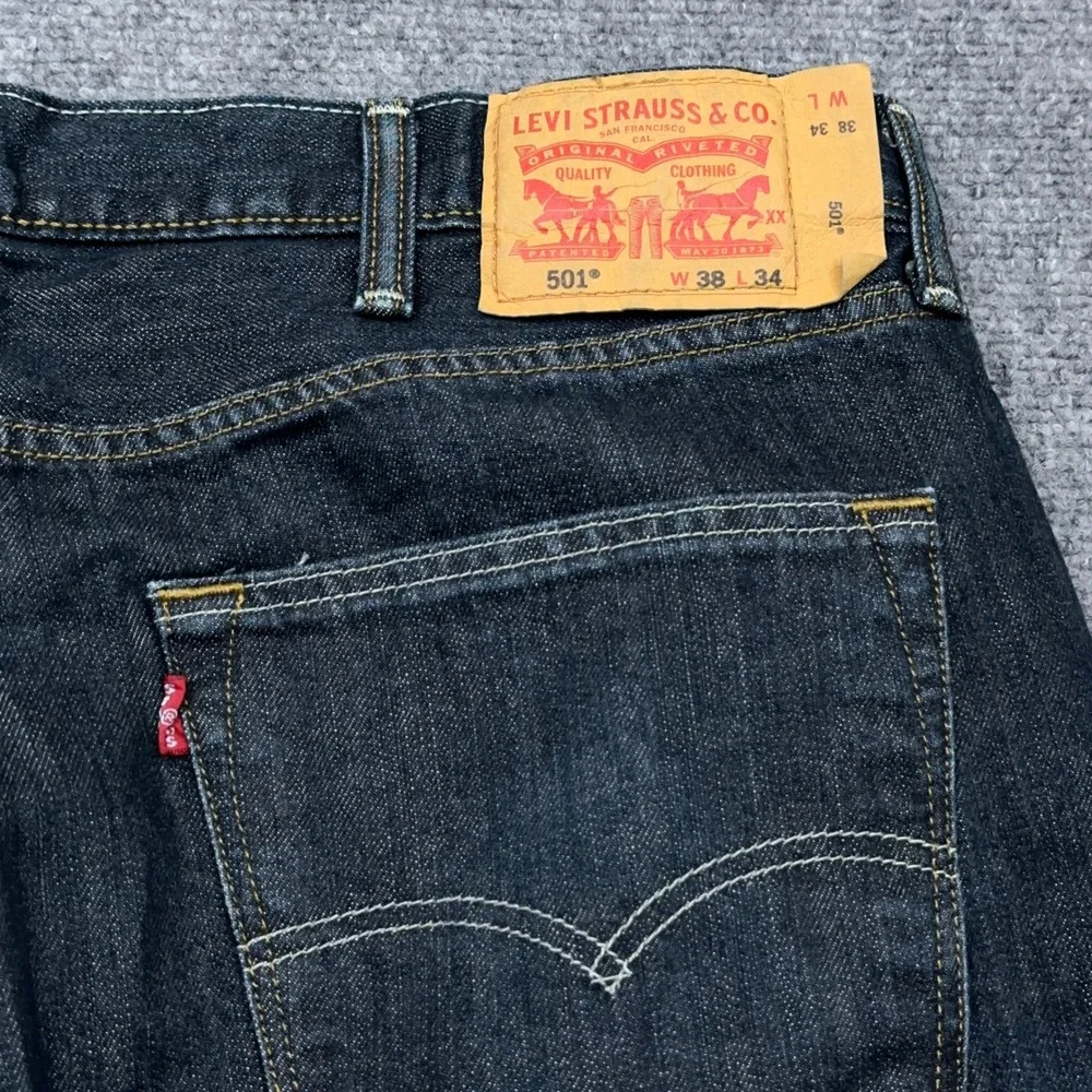 Levis 501 Original Fit Jeans Mens 38x34 Dark Indigo Dimensional Rigid Button Fly